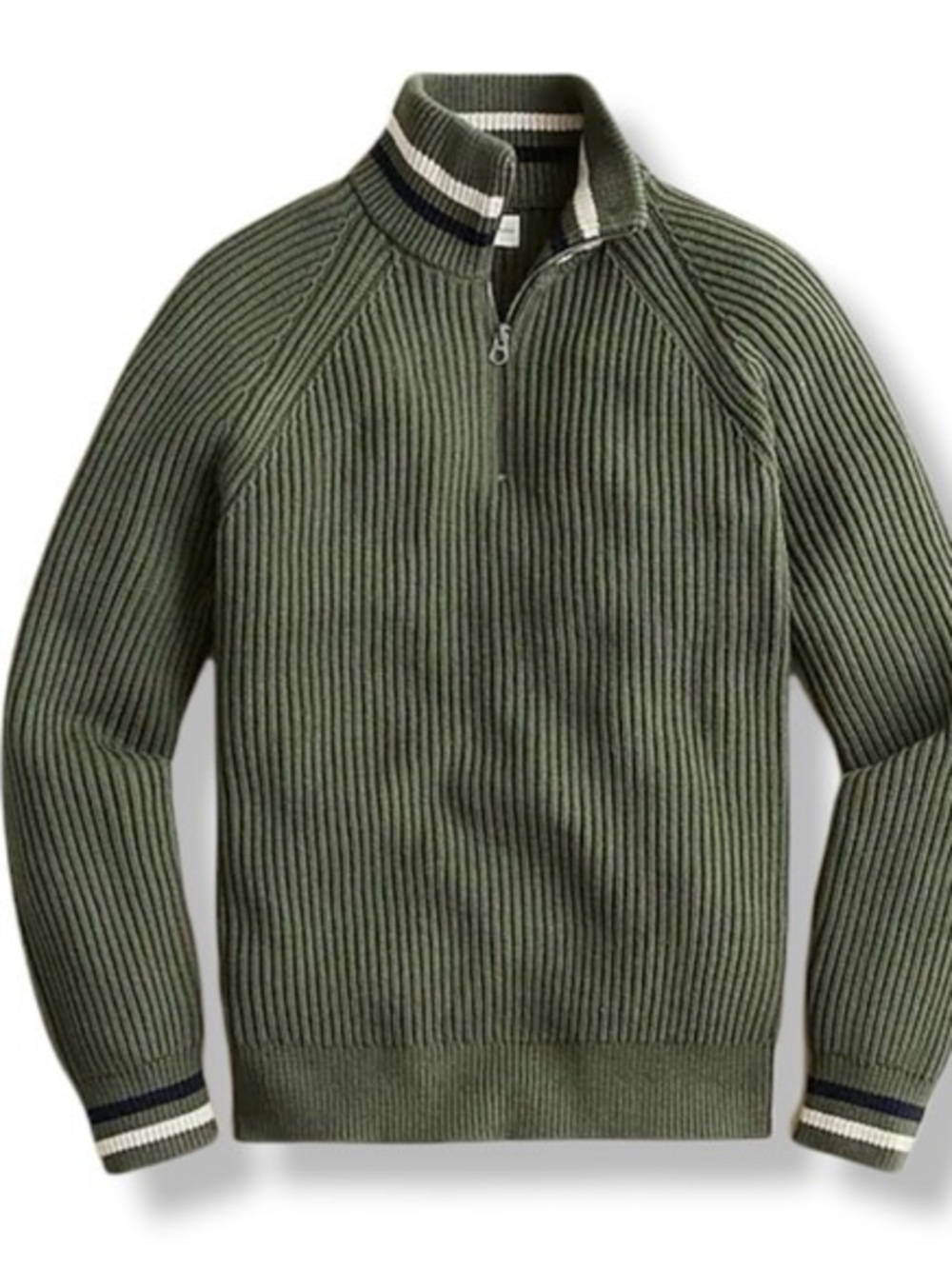 J CREW Sweater Men L Green Ribbed Half-Zip NEW Varsity Stripe Trim Cotton BC592